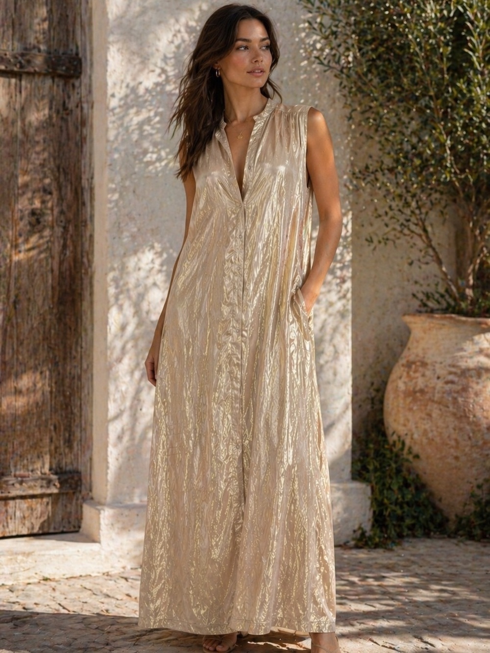 CALI Metallic Gold Sleeveless Shirt Dress